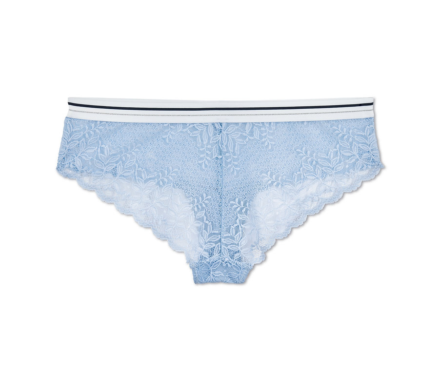 Jasnoniebieskie figi typu panty z koronką.