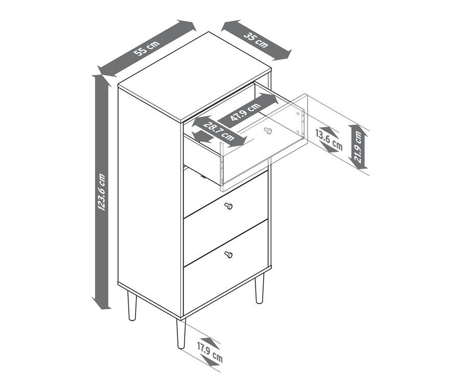 Rysunek wąskiej komody Bekeson w kolorze antracytowym i białym z otwartą górną szufladą i wymiarami.