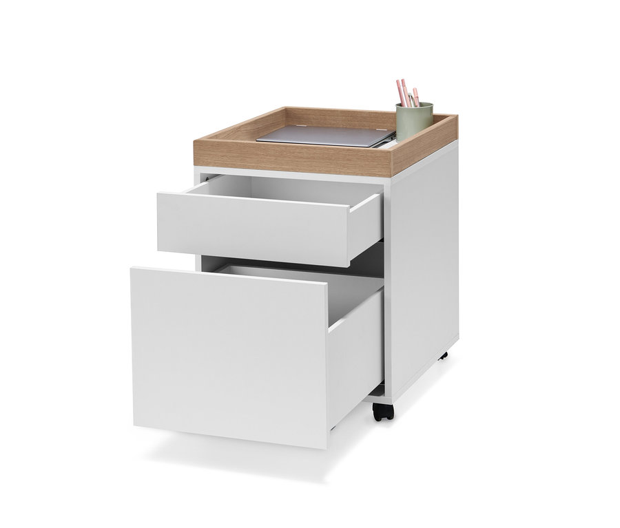 Biały kontener na kółkach z półką i dwiema szufladami, z których jedna jest otwarta.