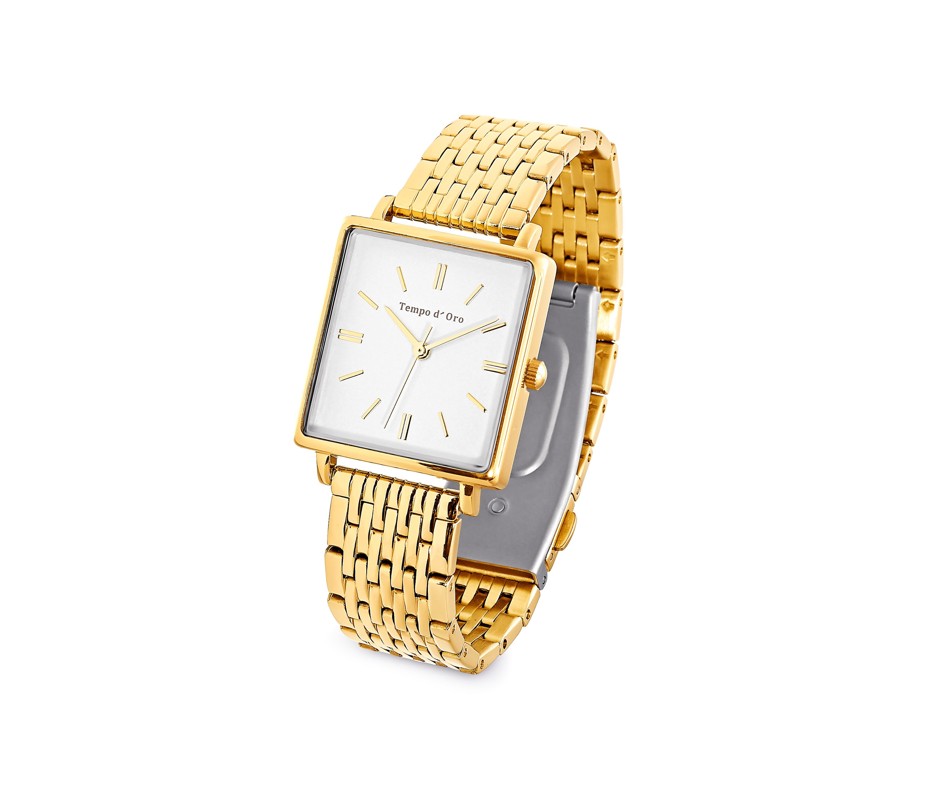 Damski, złoty zegarek, prostokątny, z bransoletką z ogniwami ze stali nierdzewnej.