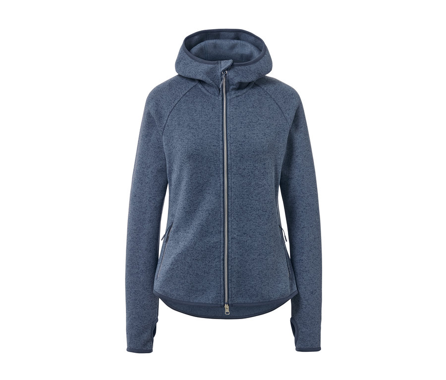 Niebieska rozpinana bluza z dzianiny polarowej z zamkiem błyskawicznym pośrodku.