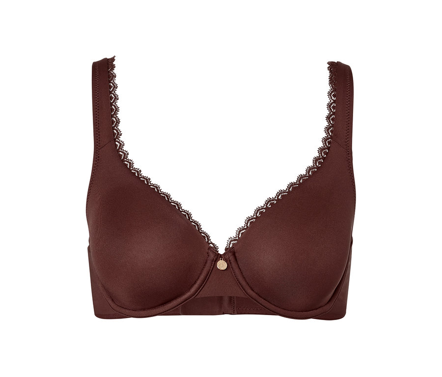 Brązowy biustonosz z fiszbinami.