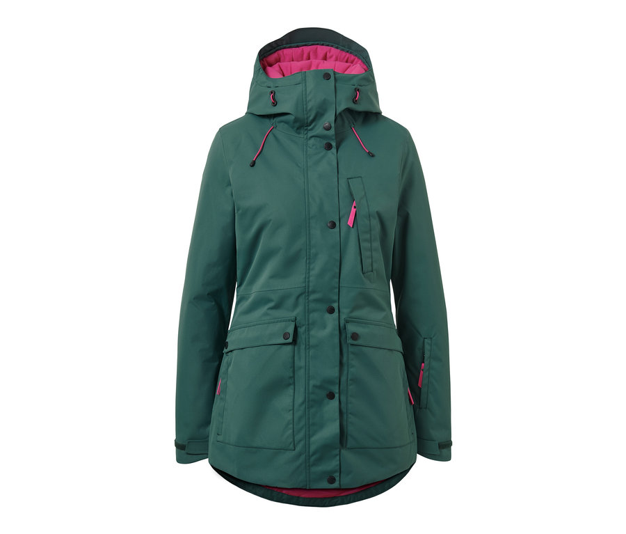 Zielona kurtka narciarska i snowbordowa z kapturem i różową podszewką.