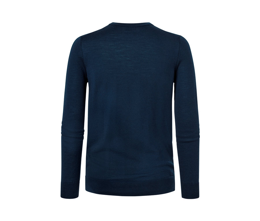 Granatowy sweter z wełny merino.