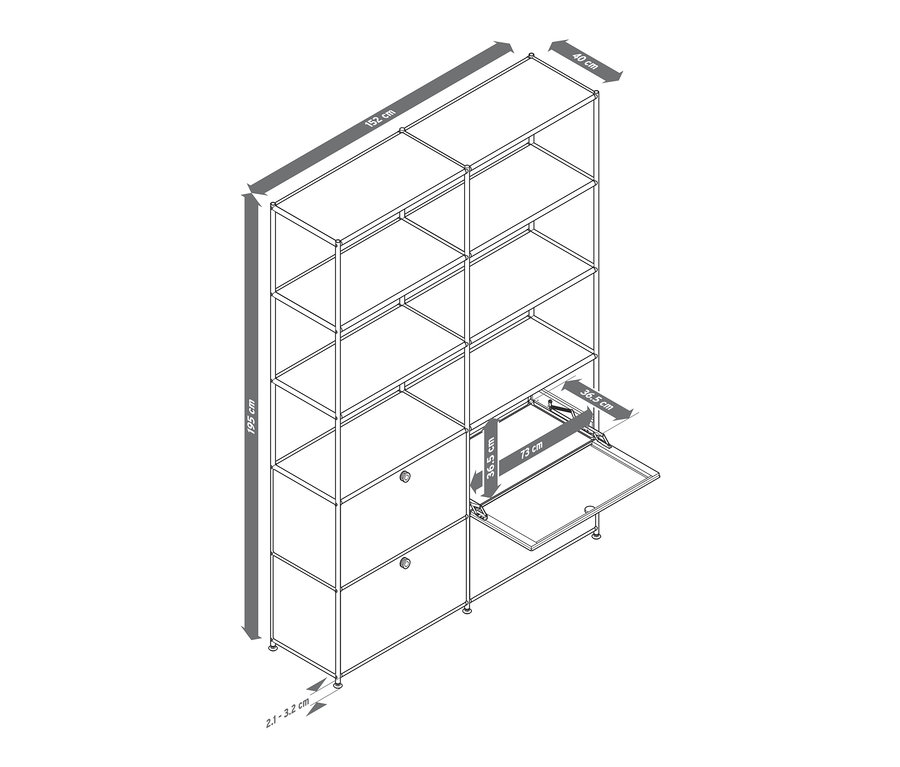 Szkic wysokiego metalowego regału »CN3« z 4 przegródkami z klapami, z których jedna jest otwarta.