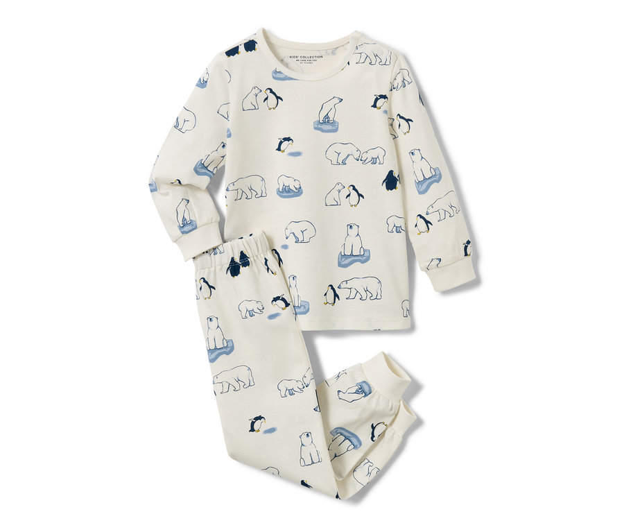 Piżama dziecięca z wzorem niedźwiedzi polarnych i pingwinów na białym tle.