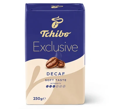 Paczka kawy mielonej Tchibo Exclusive Decaf 250g w niebiesko-białym opakowaniu.
