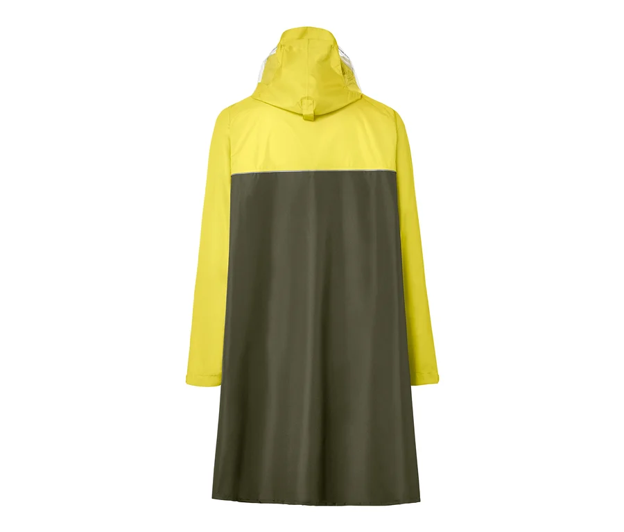 Z tyłu żółto-khaki ponczo przeciwdeszczowe unisex z rękawami.