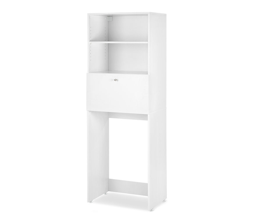 Biała szafka na pralkę z rozkładanym blatem.