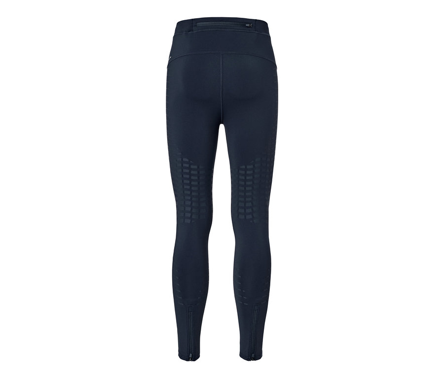 Granatowe legginsy do biegania z tyłu z geometrycznym wzorem i zamkami błyskawicznymi na kostkach.