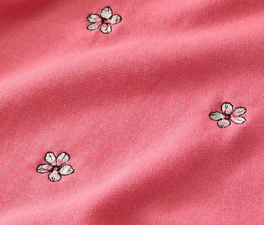 Szczegół różowej, haftowanej bluzy.