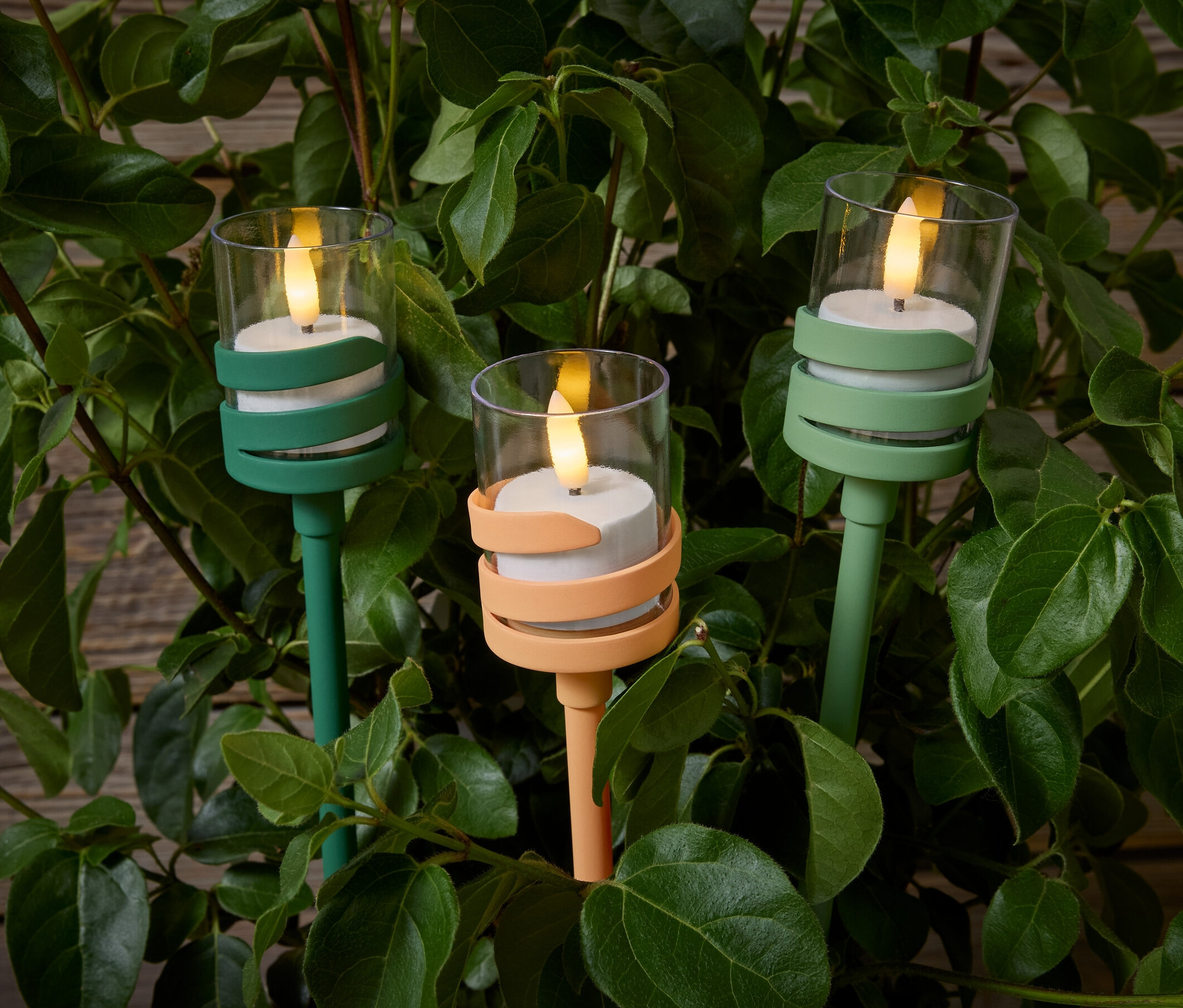 Trzy ogrodowe lampy LED ze szpikulcem pośród zielonych liści. Dwie są zielone, jedna brzoskwiniowa.