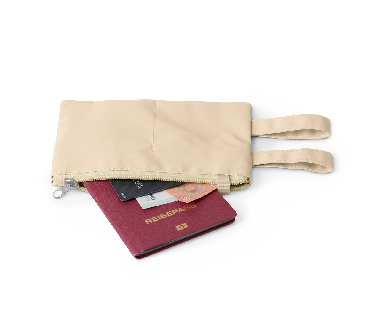 Otwarta, beżowa saszetka na pasek z paszportem, kartą kredytową i banknotem.