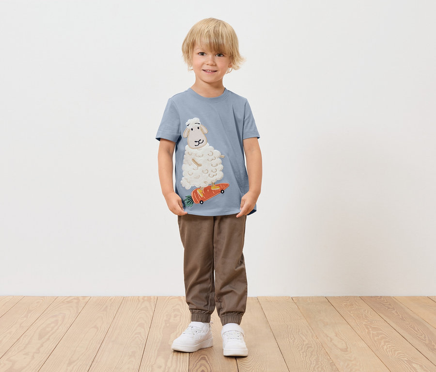 Chłopiec w niebieskiej koszulce z owcą na desce w kształcie marchewki.