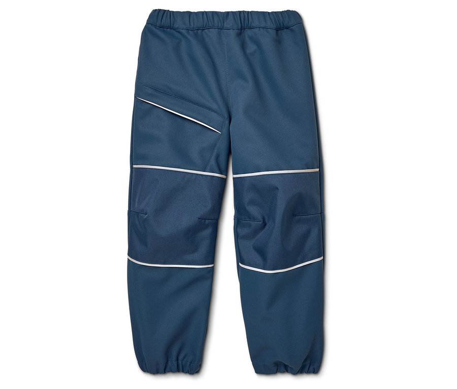 Niebieskie spodnie z odblaskowymi detalami na białym tle.