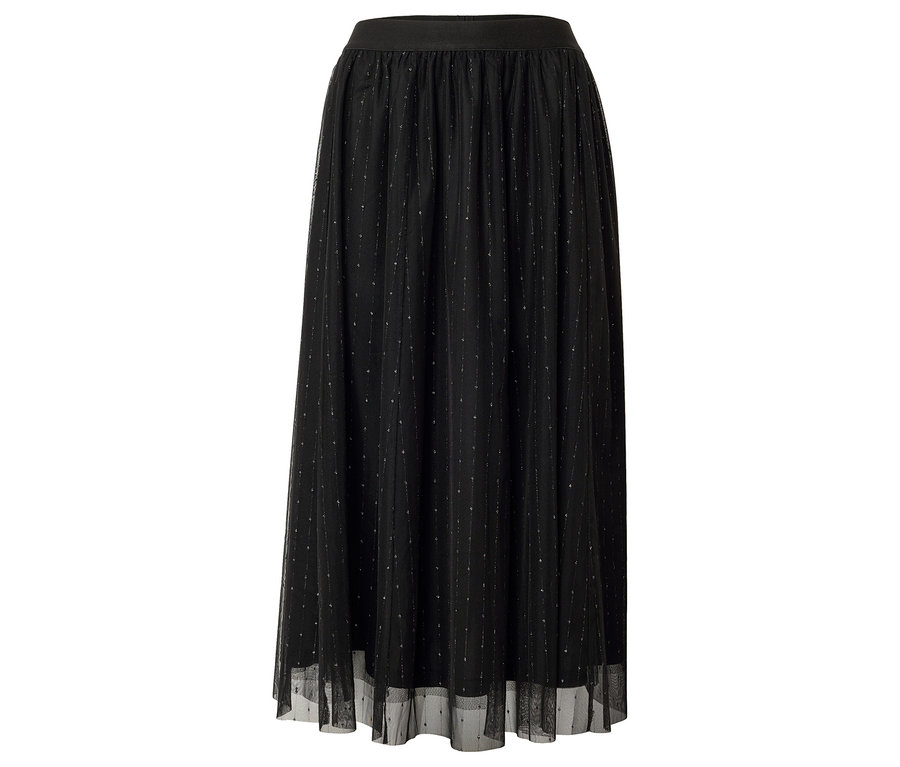 Czarna, długa spódnica z tiulu z elastycznym pasem i delikatnymi srebrnymi detalami.