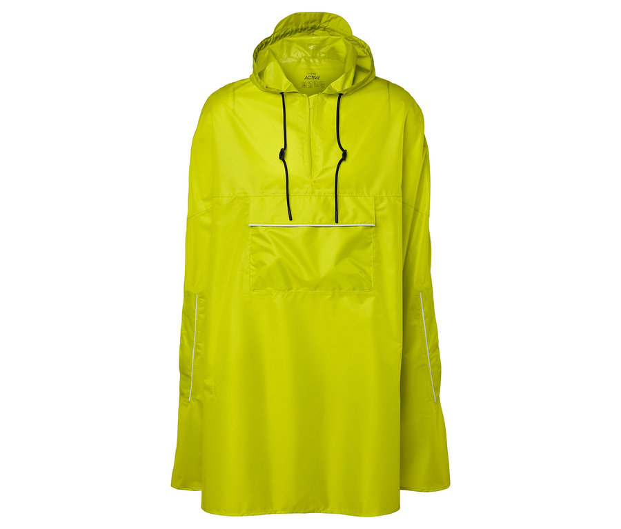 Żółte poncho z kapturem, sznurkiem i kieszenią na piersi.