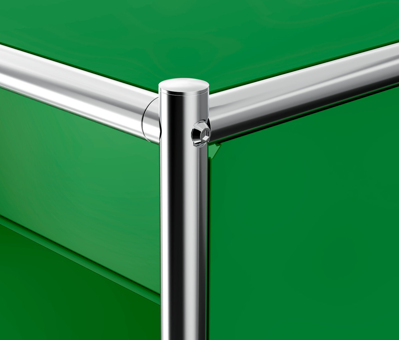 Fragment zielonego kontenera na kółkach „CN3” z 3 szufladami i chromowaną konstrukcją.