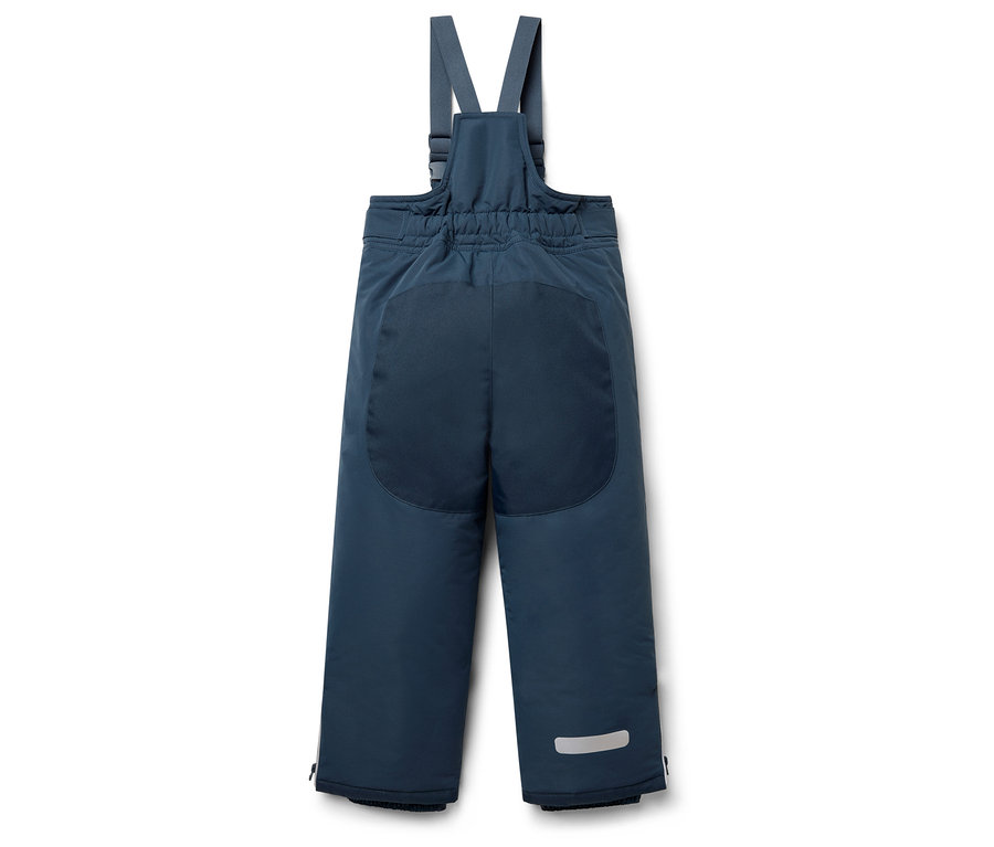 Granatowe spodnie narciarskie na szelkach.
