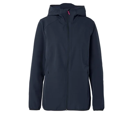 Granatowa kurtka softshell z kapturem i różowym zamkiem błyskawicznym.
