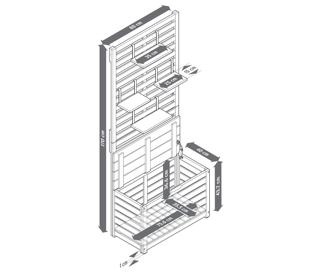 Widok z góry na wymiary ławki balkonowej z parawanem i schowkiem.