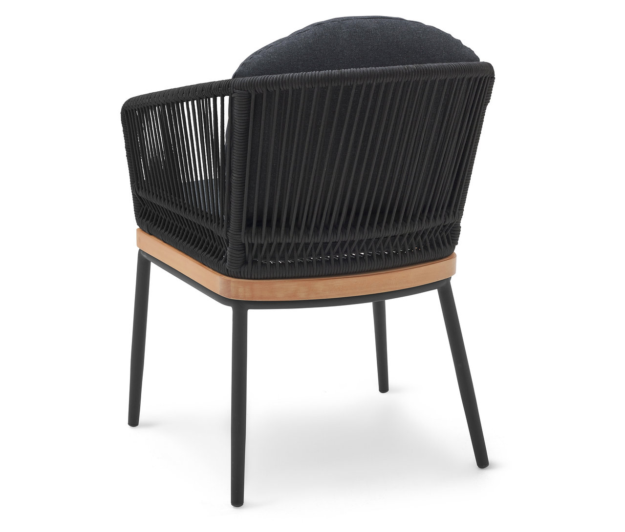 Widok z tyłu krzesła ogrodowego z tekstylną plecionką.