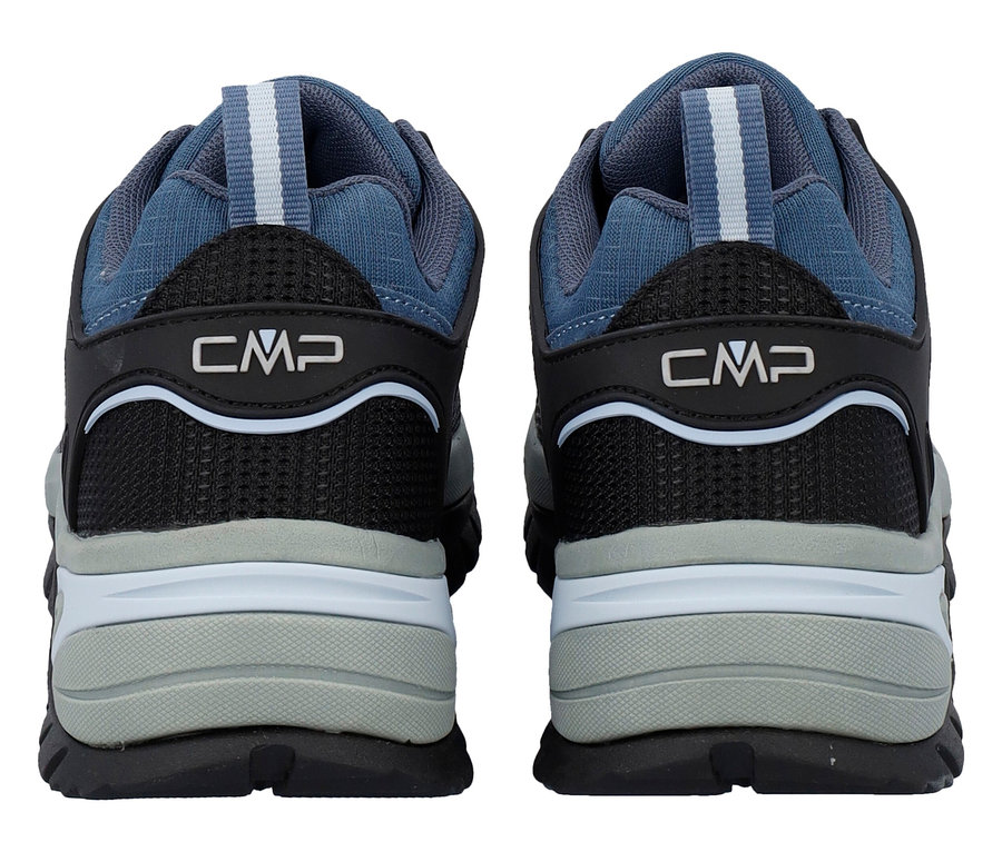 Widok z tyłu dwóch niebiesko-czarnych butów trekkingowych CMP.