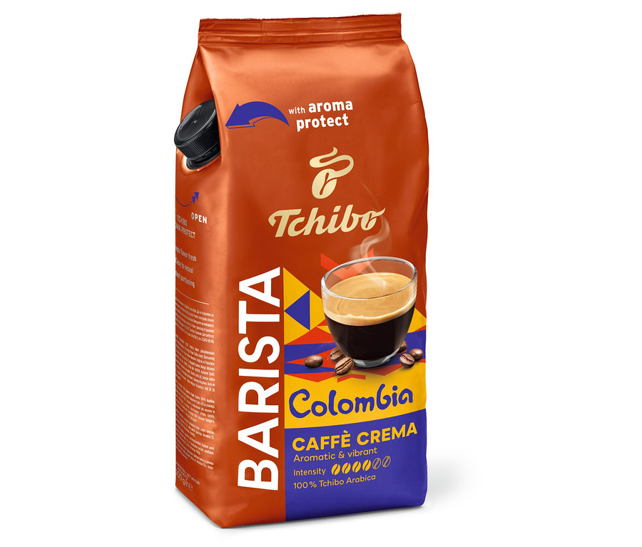Widoczna paczka kawy ziarnistej BARISTA Origins Colombia – 1 kg z oznaczeniem chroniącym aromat i logo Tchibo.