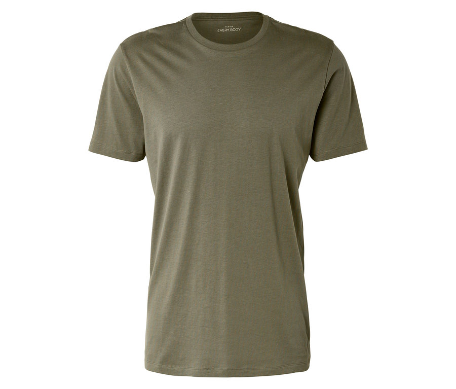 Oliwkowozielony T-shirt z okrągłym dekoltem leży na białym tle.