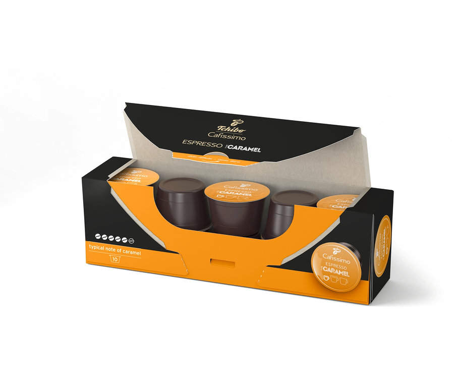 Otwarte opakowanie kapsułek Cafissimo Flavoured Edition Espresso Caramel – 10 kapsułek.