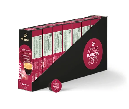 Opakowanie kapsułek do kawy Cafissimo Barista Colombia. Kapsułki są ułożone w czarnym opakowaniu.