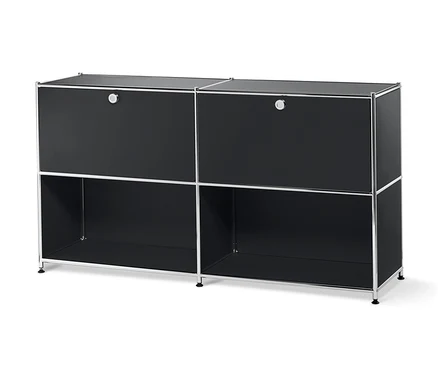 Czarna metalowa szafka typu sideboard »CN3« z przestawnymi komorami z klapami.