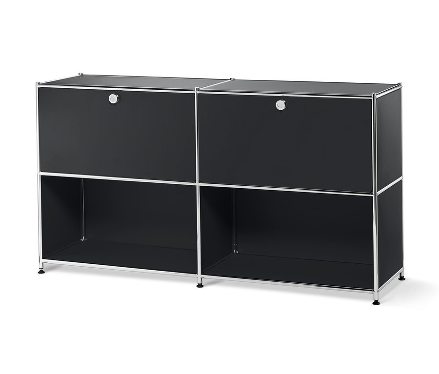 Czarna metalowa szafka typu sideboard »CN3« z przestawnymi komorami z klapami.