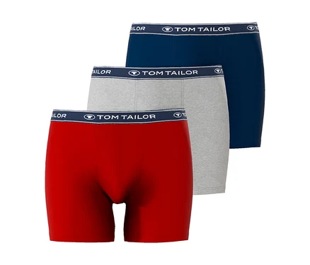 Trzy bokserki Tom Tailor w kolorach czerwonym, szarym i niebieskim leżą jeden na drugim.