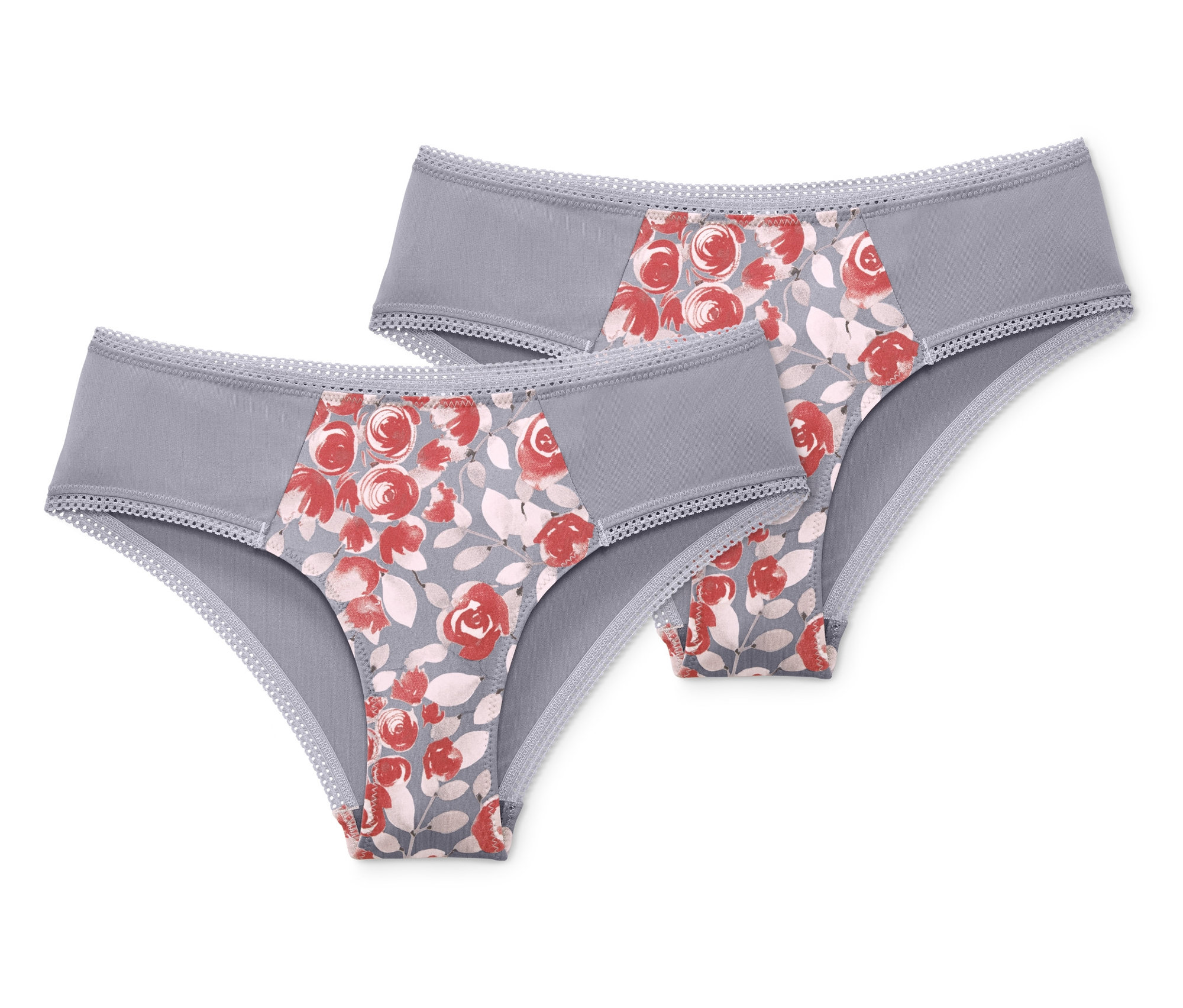 Dwie pary majtek biodrówek w kwiaty.