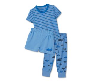 Koszulka: jasnoniebiesko-niebieska w paski<br>Spodenki: jasnoniebieskie w niebieskie autobusy<br>Spodnie: jasnoniebieskie w granatowo-niebieskie samochody