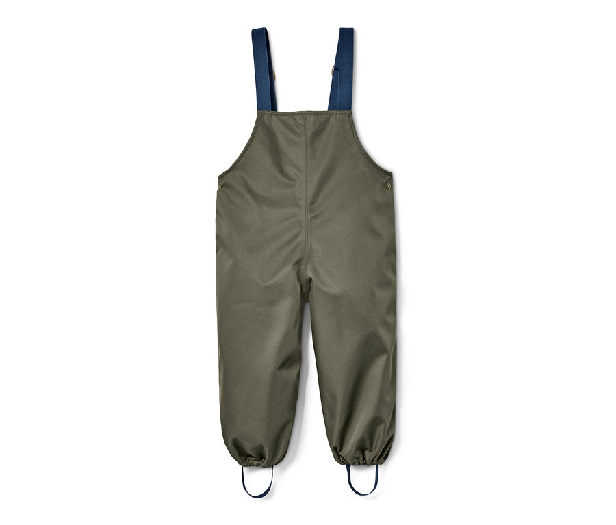Oliwkowozielone spodnie przeciwdeszczowe z niebieskimi, elastycznymi szelkami.