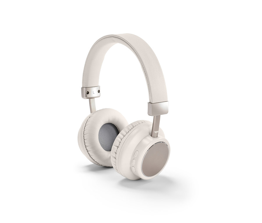 Jasnoszare słuchawki nauszne Bluetooth® na białym tle.