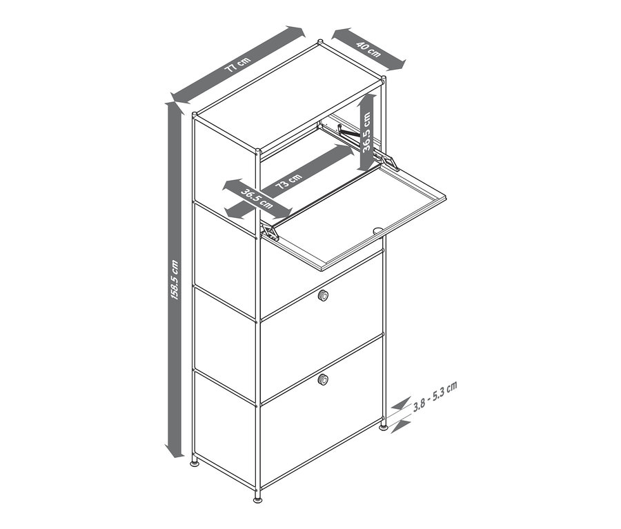 Schemat metalowej szafki typu highboard »CN3« z 4 komorami z klapami, z których jedna jest otwarta.