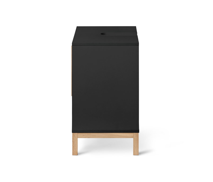 Antracytowa szafka pod umywalkę »Eklund« z dwojgiem drzwiczek i drewnianymi nóżkami.