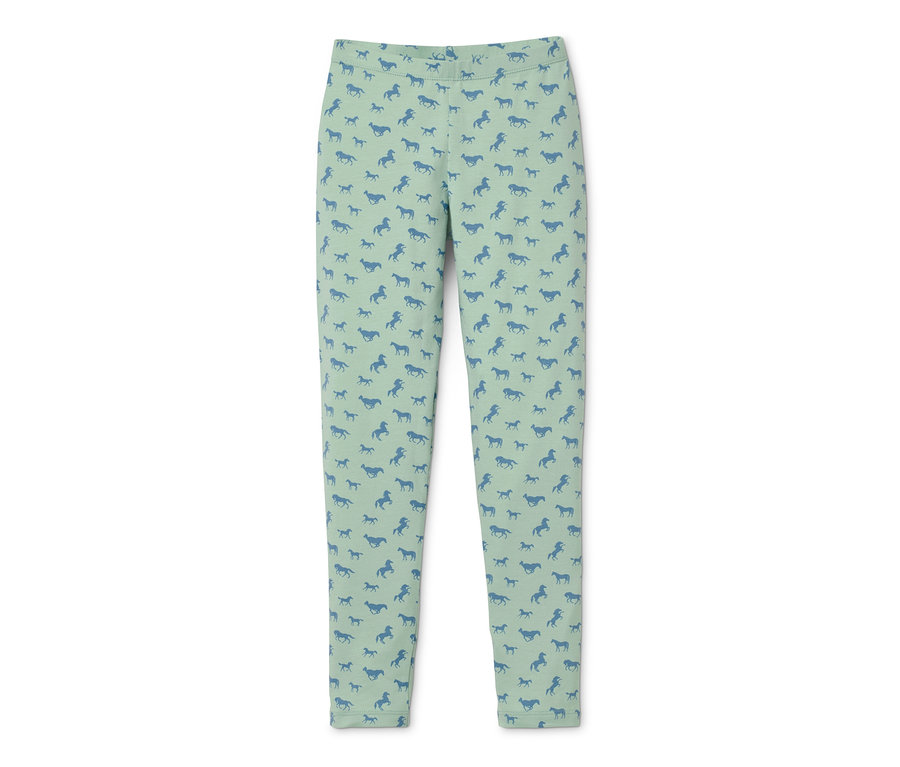 Zielone legginsy z niebieskim wzorem koni.