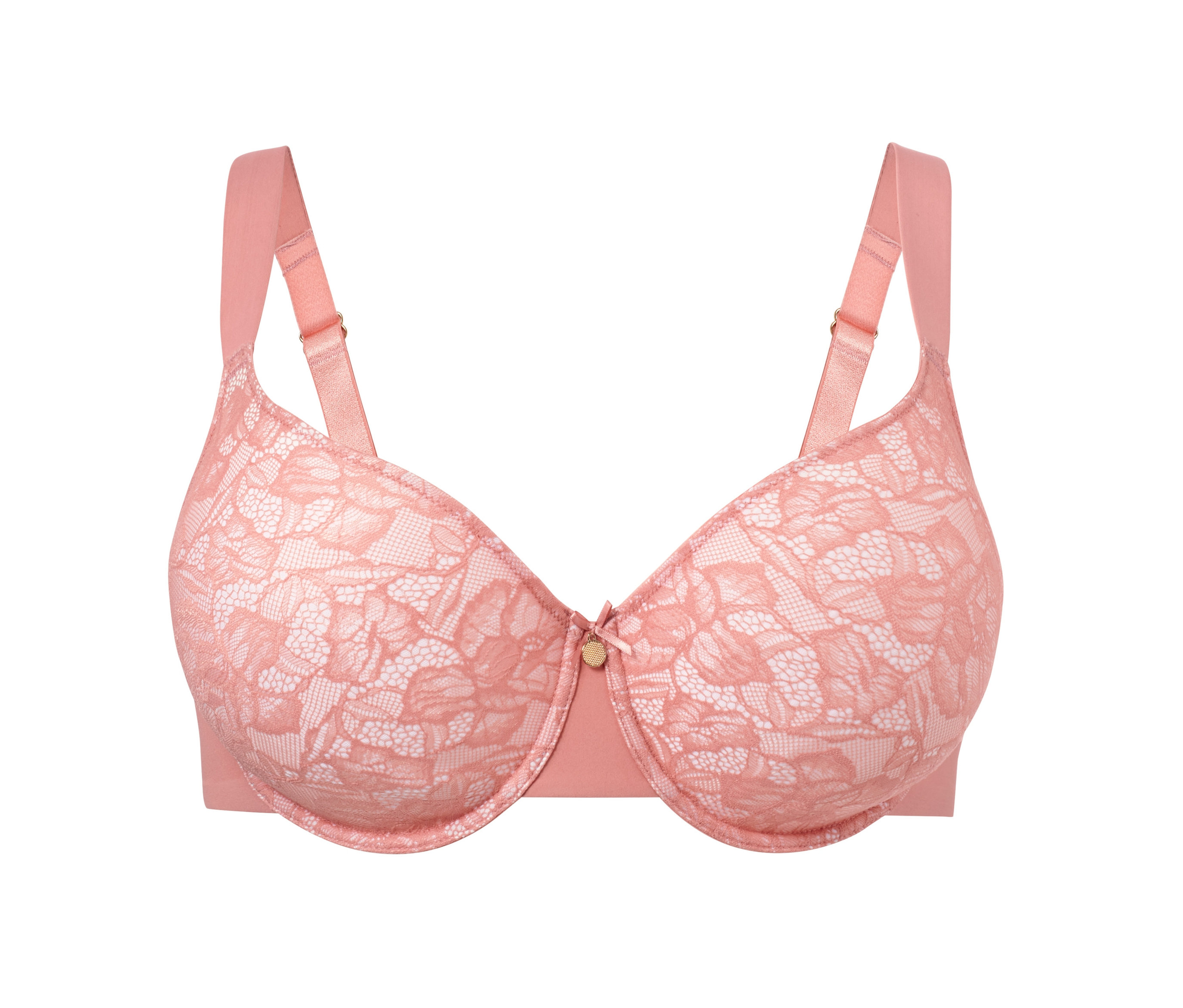 Różowy biustonosz premium z fiszbinami i kwiatową koronką na białym tle.