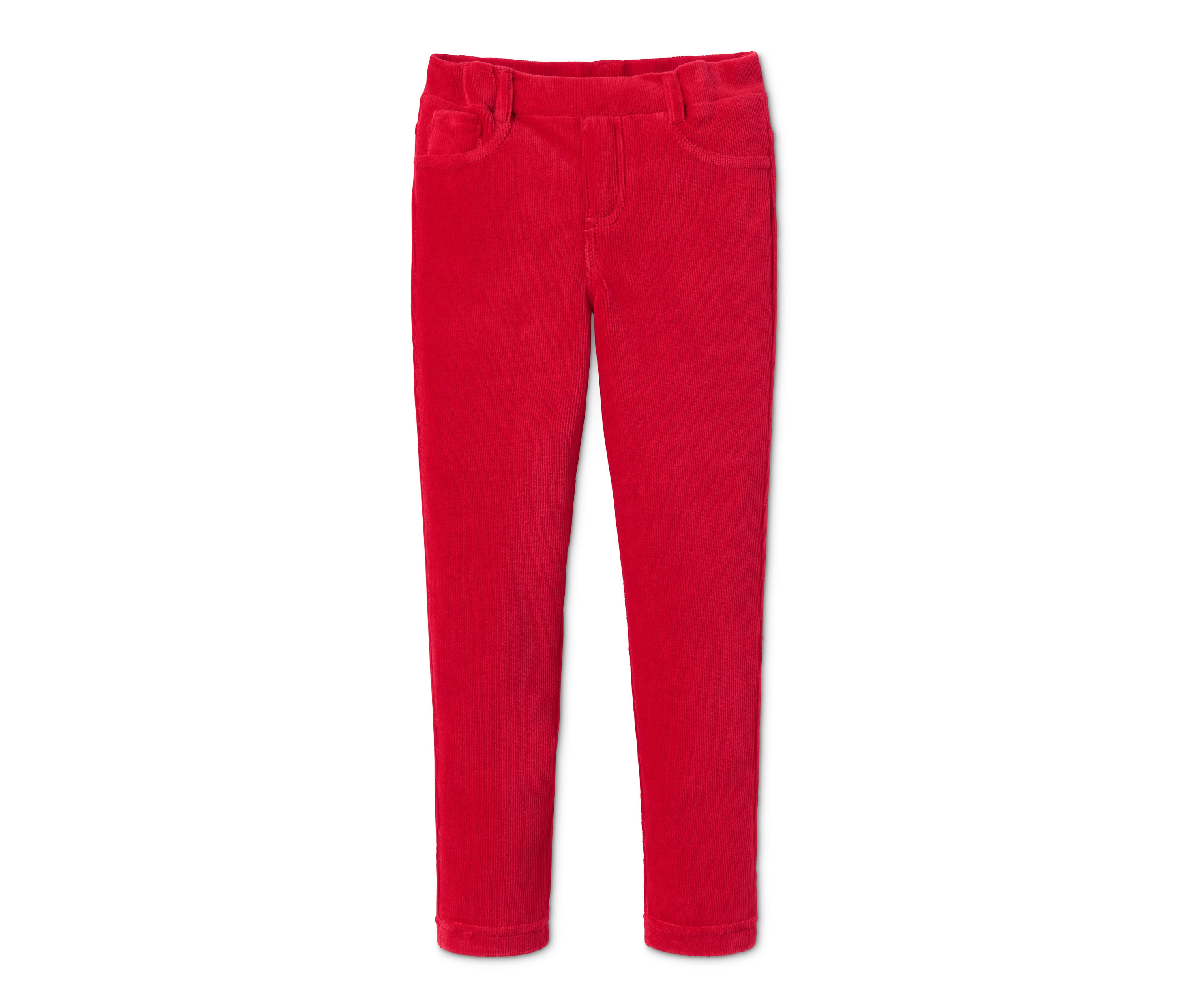 Czerwone tregginsy sztruksowe na białym tle.