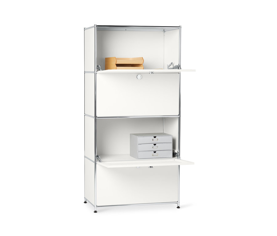 Biała metalowa szafka typu highboard »CN3« z 4 komorami z klapami, dwie otwarte.