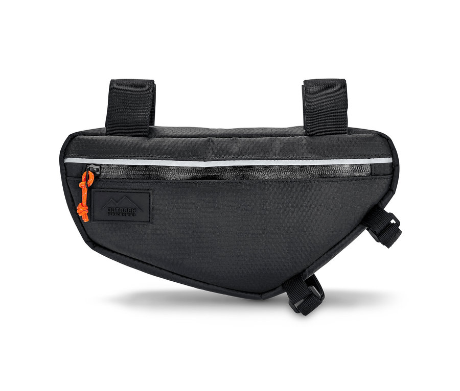 Czarna torba na ramę rowerową.