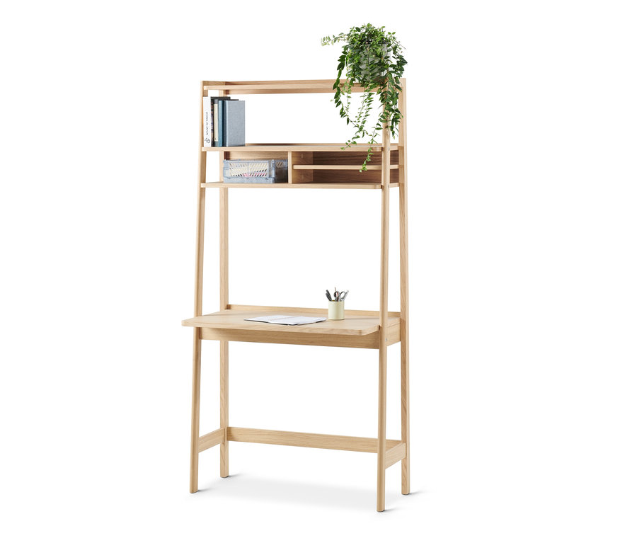 Regał z sekretarzykiem z trzema półkami, książkami, rośliną i biurkiem.