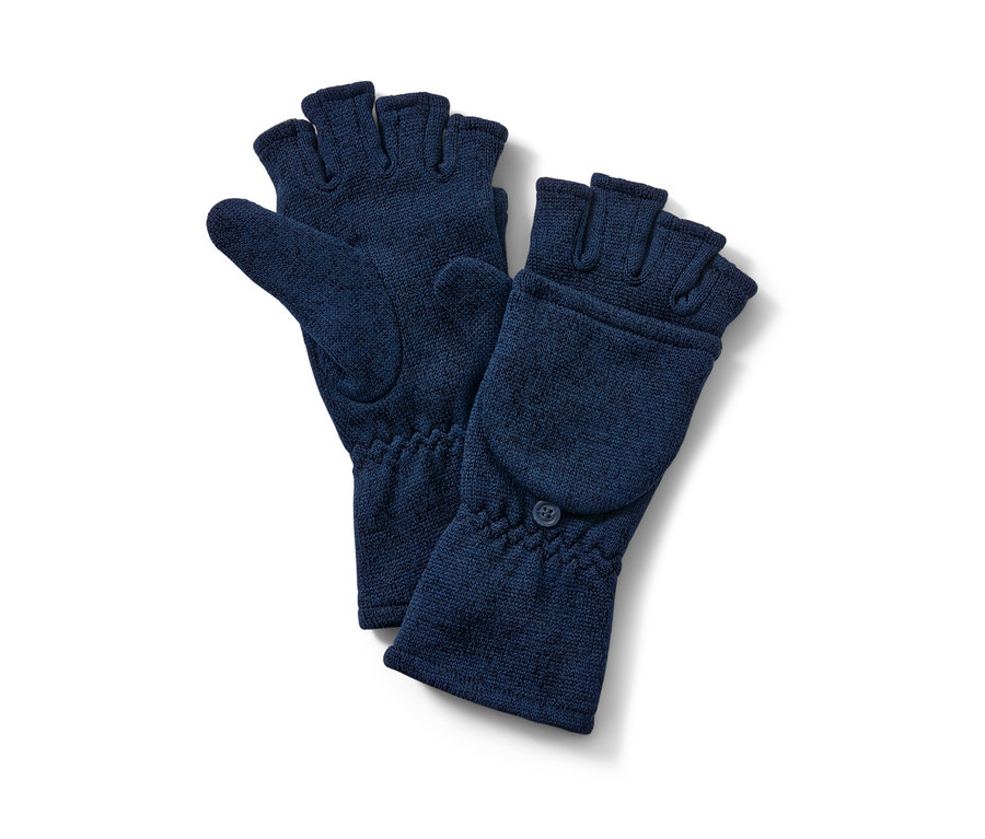 Niebieskie rękawice-łapawice z dzianiny polarowej.