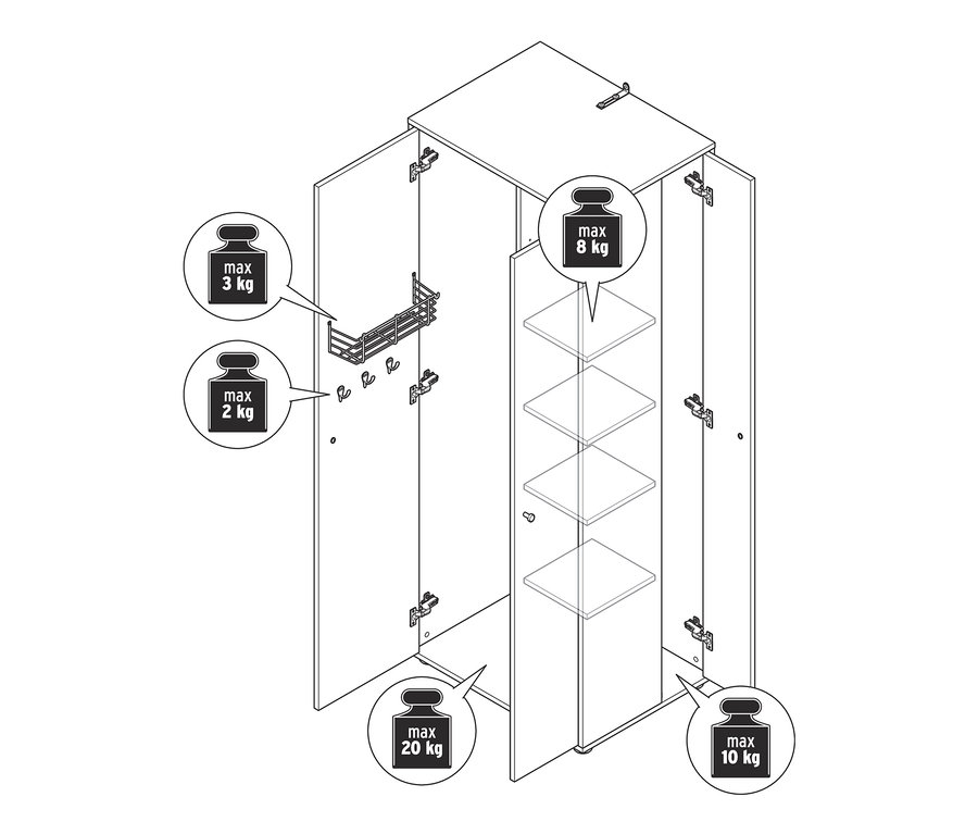 Rzut uniwersalnej szafy z bocznym schowkiem, z otwartymi drzwiami i maksymalnymi limitami wagowymi.