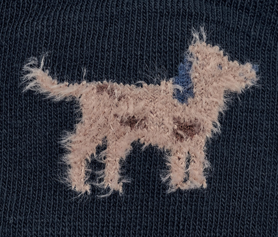 Zbliżenie na skarpetkę dziecięcą 3D z puszystą przędzą z motywem psa.