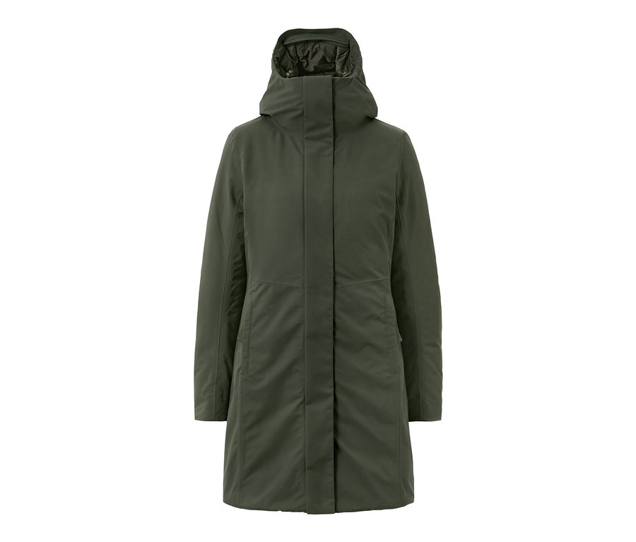 Płaszcz termoaktywny khaki z kapturem.
